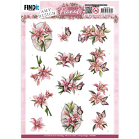 3D Push out - Amy Design - Pink Florals - Lillies -  A4 Die Cut Paper Tole Decoupage